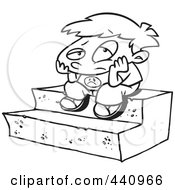 Poster, Art Print Of Cartoon Black And White Outline Design Of A Bored Boy Sitting On Steps