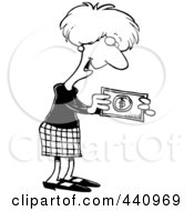 Poster, Art Print Of Cartoon Black And White Outline Design Of A Businesswoman Holding A Cash Bonus