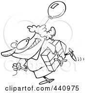 Royalty Free RF Clip Art Illustration Of A Cartoon Black And White Outline Design Of A Woman Carrying A Birthday Gift And Balloon