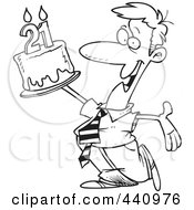 Poster, Art Print Of Cartoon Black And White Outline Design Of A Birthday Man Holding Up A Cake