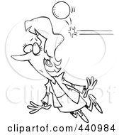 Royalty Free RF Clip Art Illustration Of A Cartoon Black And White Outline Design Of A Ball Knocking Out A Businesswoman