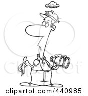 Royalty Free RF Clip Art Illustration Of A Cartoon Black And White Outline Design Of A Man With Bird Poop In His Hand by toonaday