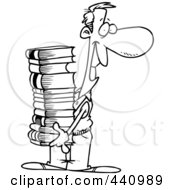 Royalty Free RF Clip Art Illustration Of A Cartoon Black And White Outline Design Of A Man Carrying A Stack Of Books