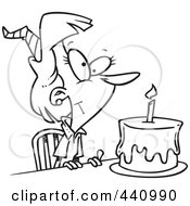 Poster, Art Print Of Cartoon Black And White Outline Design Of A Birthday Woman With A Cake