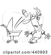 Poster, Art Print Of Cartoon Black And White Outline Design Of A Baby Throwing A Bottle At Its Father