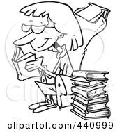 Poster, Art Print Of Cartoon Black And White Outline Design Of A Senior Woman Reading Books