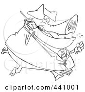 Royalty Free RF Clip Art Illustration Of A Cartoon Black And White Outline Design Of A Big Pig Businessman Talking On A Cell Phone