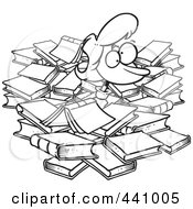 Royalty Free RF Clip Art Illustration Of A Cartoon Black And White Outline Design Of A Woman Buried In Books