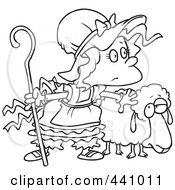 Royalty Free RF Clip Art Illustration Of A Cartoon Black And White Outline Design Of Little Bo Peep With A Sheep