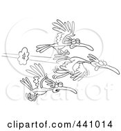 Royalty Free RF Clip Art Illustration Of A Cartoon Black And White Outline Design Of A Group Of Fast Birds