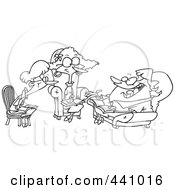 Royalty Free RF Clip Art Illustration Of A Cartoon Black And White Outline Design Of Women Talking During A Book Club Meeting