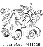 Royalty Free RF Clip Art Illustration Of A Cartoon Black And White Outline Design Of A Group Of Birders Using Binoculars In A Car by toonaday