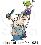 Cartoon Bird Sitting On A Mans Binoculars