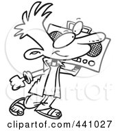 Cartoon Black And White Outline Design Of A Boy Carrying A Boom Box