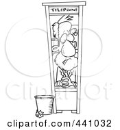 Cartoon Black And White Outline Design Of A Businessman Working In A Tiny Telephone Booth