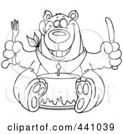 Royalty Free RF Clip Art Illustration Of A Cartoon Black And White Outline Design Of A Birthday Bear Eating Cake