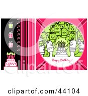 Poster, Art Print Of Pink Green And Black Happy Birthday Stick People Greeting With A Party Gifts And Cake