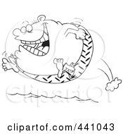 Poster, Art Print Of Cartoon Black And White Outline Design Of A Fat Man Jumping Into Water