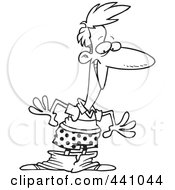 Royalty Free RF Clip Art Illustration Of A Cartoon Black And White Outline Design Of A Man Blushing After His Pants Fall Down