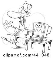 Poster, Art Print Of Cartoon Black And White Outline Design Of A Computer Biting A Businessmans Arm