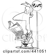 Poster, Art Print Of Cartoon Black And White Outline Design Of A Businessman Reading The Newspaper At A Bus Stop