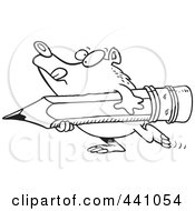 Royalty Free RF Clip Art Illustration Of A Cartoon Black And White Outline Design Of A Bear Carrying A Pencil