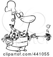 Cartoon Black And White Outline Design Of A Cook Holding A Burnt Piece Of Meat
