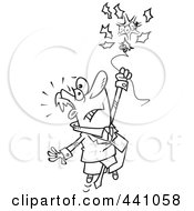 Royalty Free RF Clip Art Illustration Of A Cartoon Black And White Outline Design Of A Businessman Holding Onto A Bursting Balloon