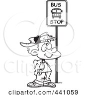 Poster, Art Print Of Cartoon Black And White Outline Design Of A Boy Waiting At A School Bus Stop