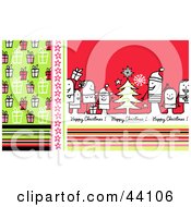 Poster, Art Print Of Green And Red Stick People Happy Christmas Greeting
