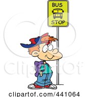 Poster, Art Print Of Cartoon Boy Waiting At A School Bus Stop