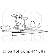 Cartoon Black And White Outline Design Of A Businessman Flying On A Paper Airplane
