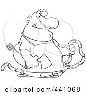 Royalty Free RF Clip Art Illustration Of A Cartoon Black And White Outline Design Of A Chubby Butcher Holding Sausage Links by toonaday