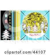 Poster, Art Print Of Blue Yellow And Black Stick People Happy Christmas Greeting