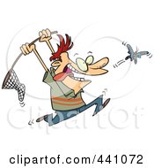 Cartoon Man Chasing A Butterfly With A Net