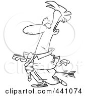 Royalty Free RF Clip Art Illustration Of A Cartoon Black And White Outline Design Of A Businessman Being Shot In The Butt With An Arrow