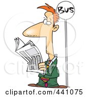 Cartoon Businessman Reading The Newspaper At A Bus Stop