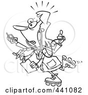 Royalty Free RF Clip Art Illustration Of A Cartoon Black And White Outline Design Of A Multi Tasking Female Doctor On Roller Blades