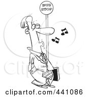 Royalty Free RF Clip Art Illustration Of A Cartoon Black And White Outline Design Of A Businessman Whistling At A Bus Stop by toonaday