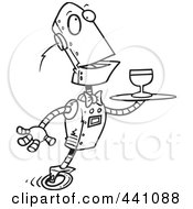 Royalty Free RF Clip Art Illustration Of A Cartoon Black And White Outline Design Of A Butler Robot Serving Wine by toonaday