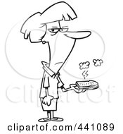Poster, Art Print Of Cartoon Black And White Outline Design Of A Woman Holding A Burnt Piece Of Toast
