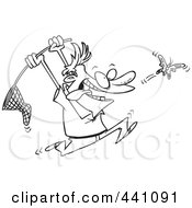 Cartoon Black And White Outline Design Of A Man Chasing A Butterfly With A Net
