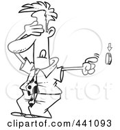 Poster, Art Print Of Cartoon Black And White Outline Design Of A Businessman Covering His Eyes And Pushing A Button