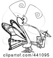 Poster, Art Print Of Cartoon Black And White Outline Design Of A Butterfly Sucking Nectar Out Of A Cup