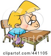 Cartoon Bored School Girl At Her Desk