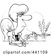 Cartoon Black And White Outline Design Of A Bored Businesswoman Playing With A Ball And Paddle