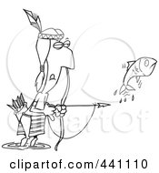 Poster, Art Print Of Cartoon Black And White Outline Design Of A Native American Man Bow Fishing