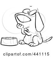 Poster, Art Print Of Cartoon Black And White Outline Design Of A Hungry Dog Watching His Bowl