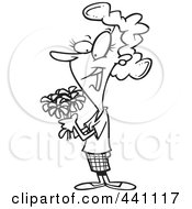 Poster, Art Print Of Cartoon Black And White Outline Design Of A Woman Holding A Bouquet