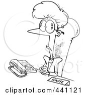 Royalty Free RF Clip Art Illustration Of A Cartoon Black And White Outline Design Of A Businesswoman Sitting At Her Desk With A Kneel Sign